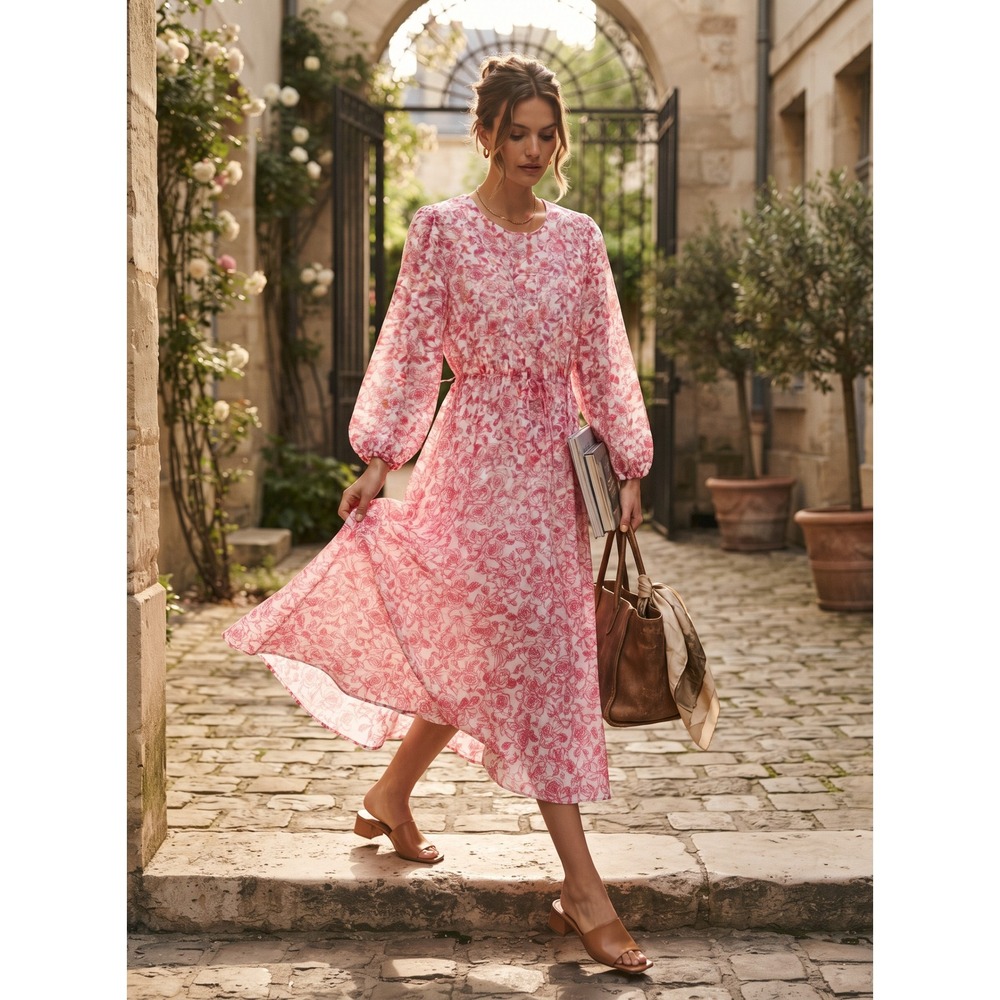 Dainty Jewells Pink Rose Floral Tencel Balloon Sleeve Modest Midi Dress L